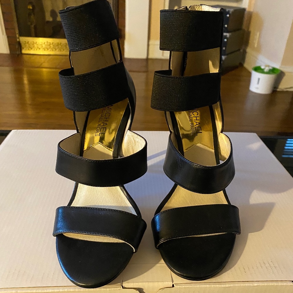 Black Leather Michael Kors Strappy Heels Women's Size 9.5